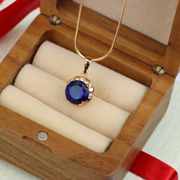 "Royal Blue Round Pendant with Sparkling Accents in Gold Finish, XPPT1647 - Picture 5 of 13